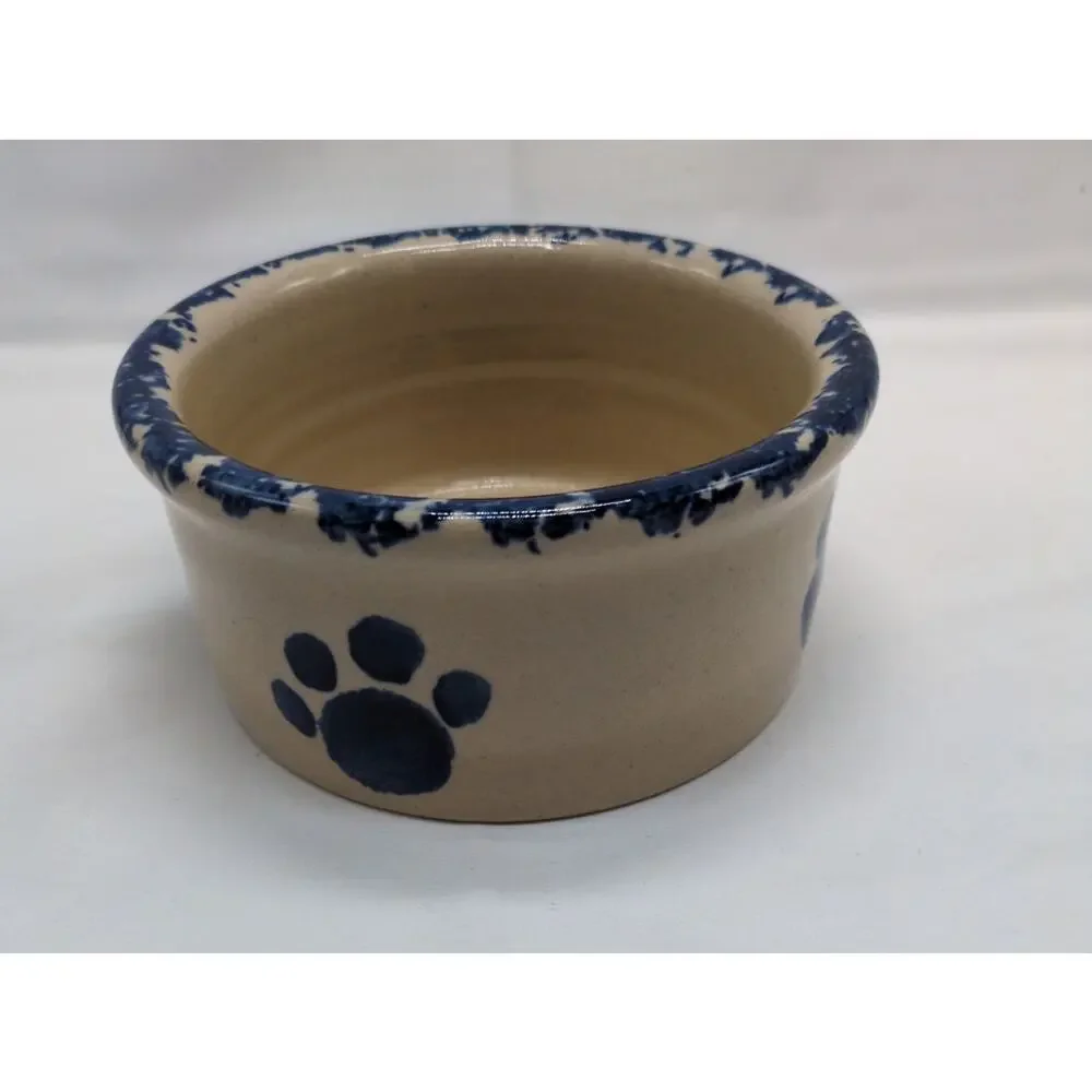 Yesteryears Hand Turned Stoneware Dog Bowl Signed Blue Pawprints USA Vintage